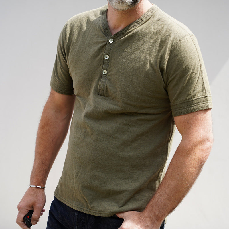 LOOP & WEFT TUCK STITCH RIBBED MILITARY HENLEY