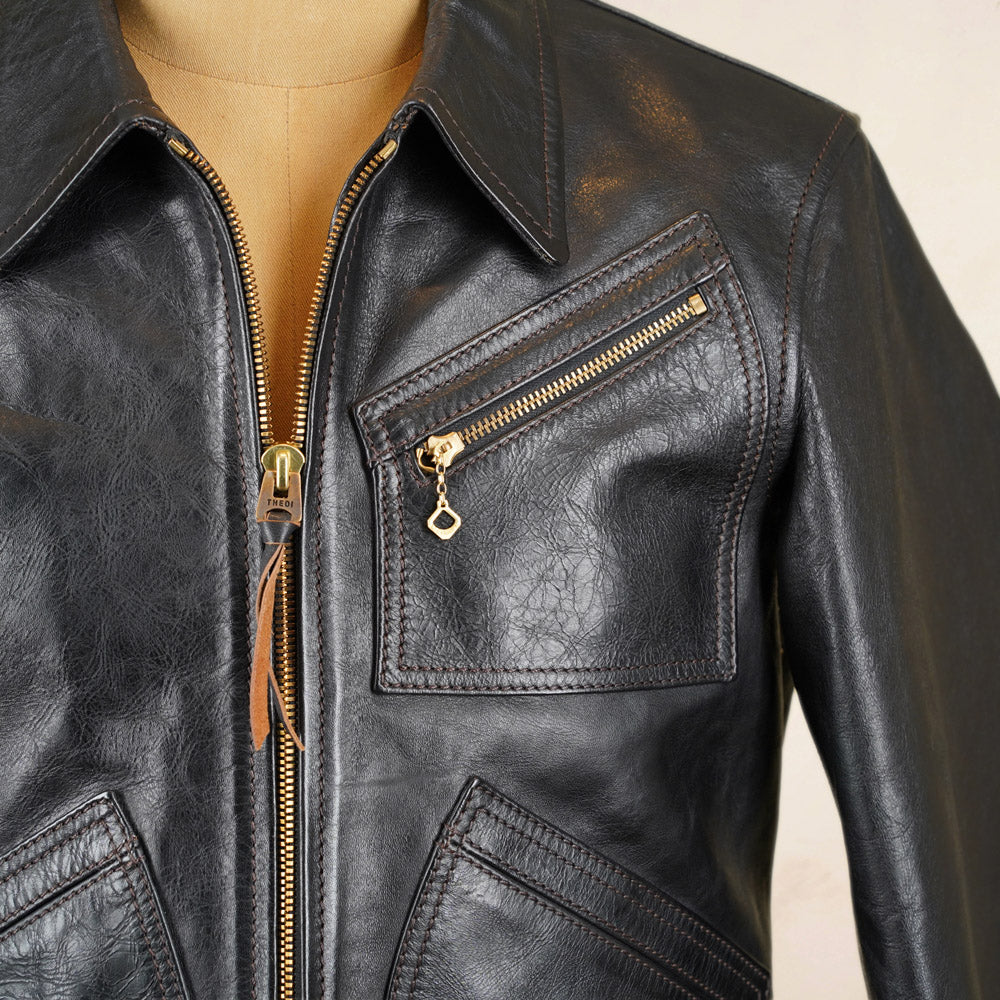 Thedi Leathers Half Belt Sports Jacket MTC-7925 - Bruciato Tea Core Horsehide Leather
