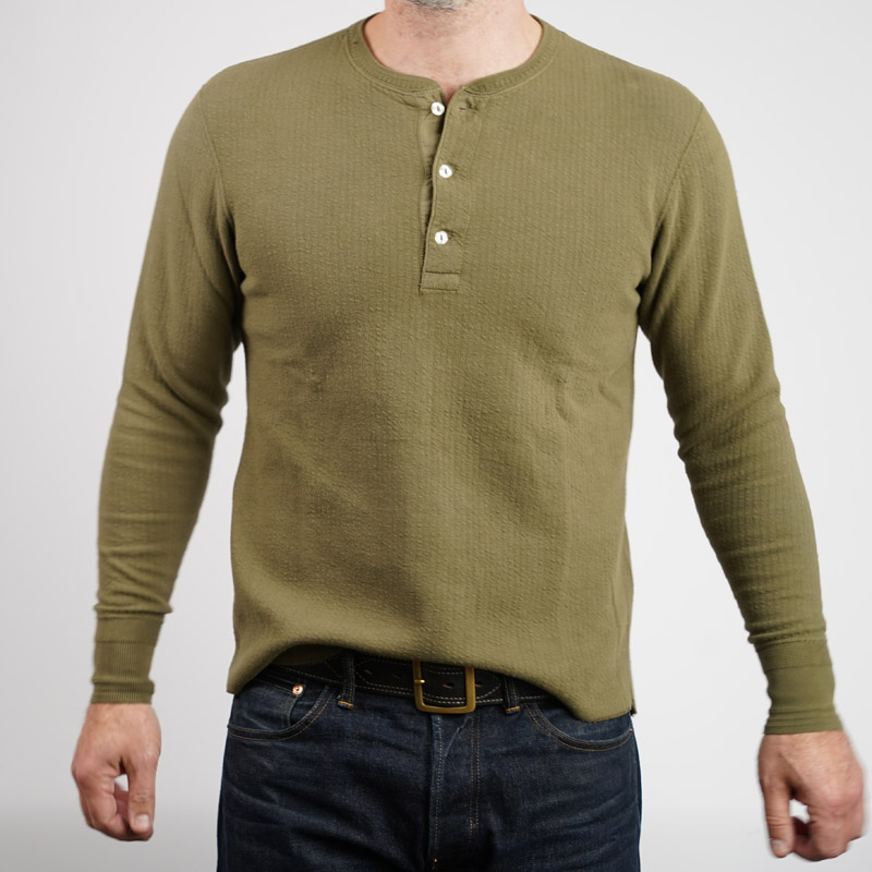 Loop & Weft DOUBLE FACE JACQUARD KNIT Henley  – Olive